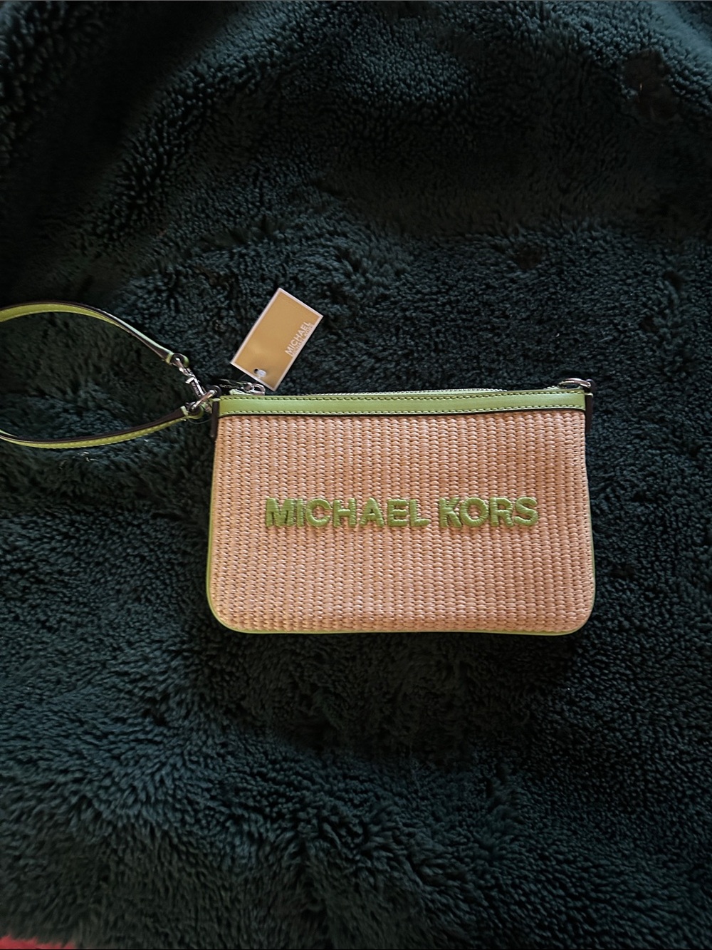 Michael Kors Beige Woven Wristlet with Green Trim
